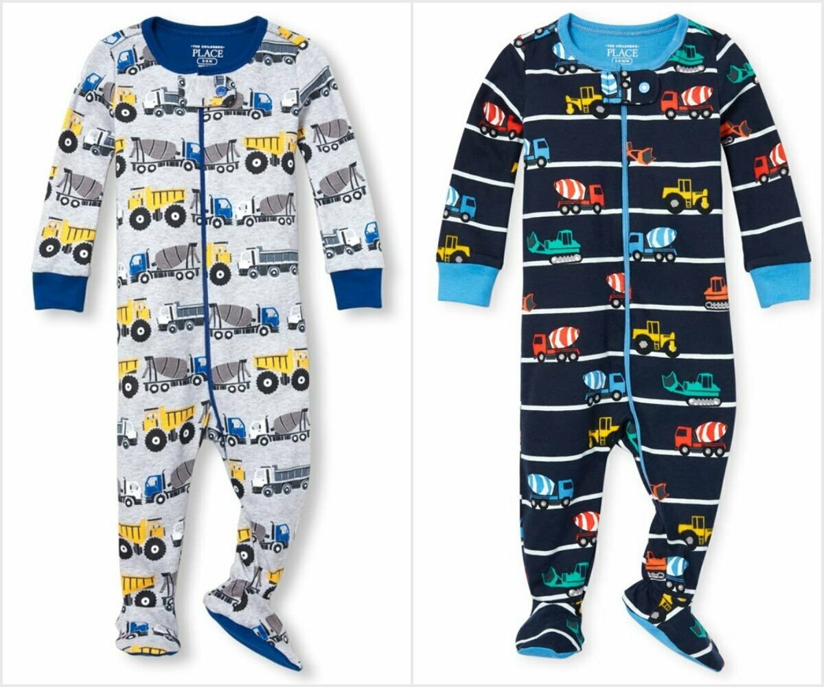NWT The Childrens Place Boy Construction Trucks Footed Stretchie Pajamas Sleeper