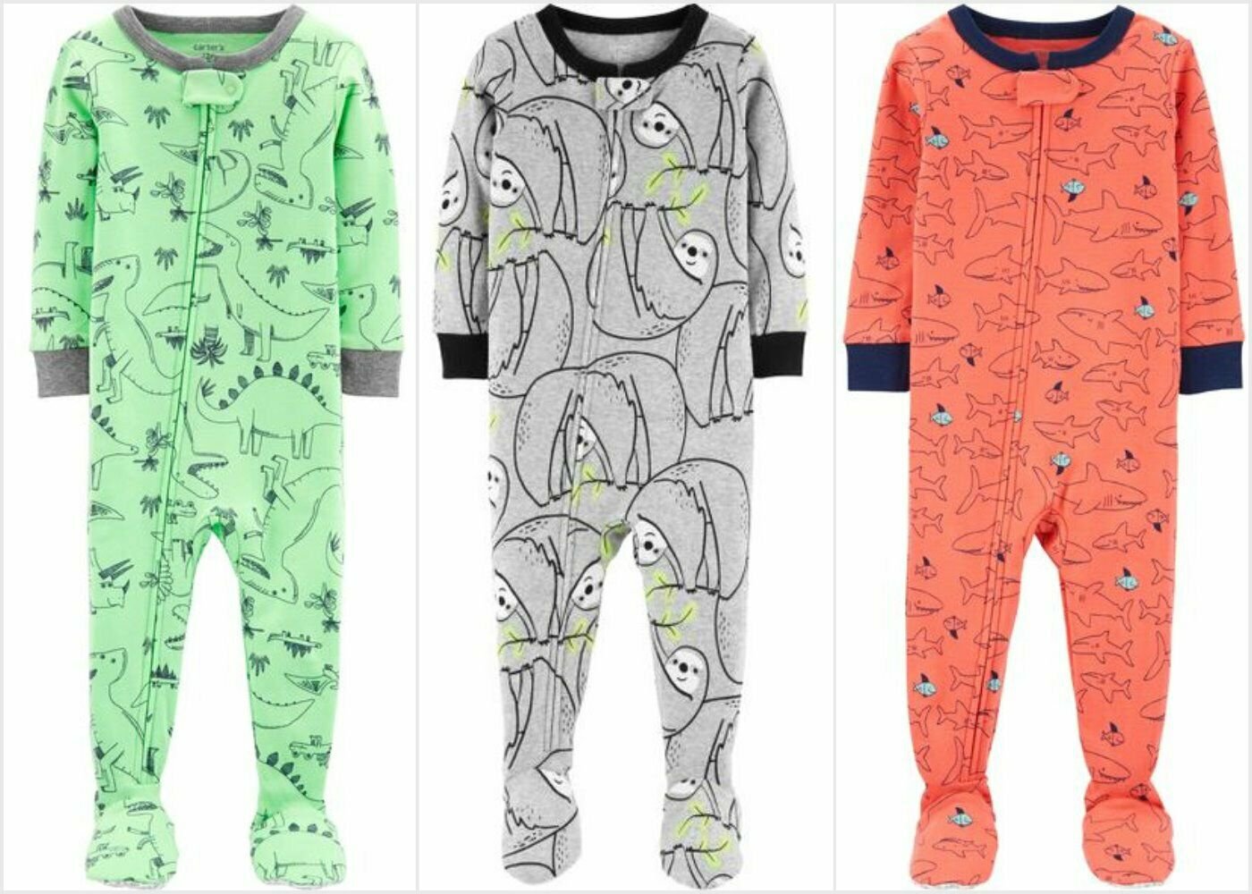 NWT Carters Sloth Sharks Dinosaurs Toddler Boys Footed Cotton Pajamas Sleeper