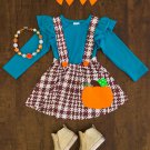 NEW Boutique Girls Pumpkin Plaid Suspender Skirt & Shirt Outfit Set