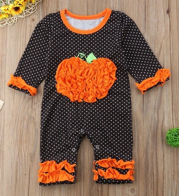 NWT Pumpkin Baby Girls Black Polka Dot Ruffle Halloween Romper Jumpsuit
