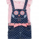 NWT Nannette Girls Owl Blue Denim Shortalls Overalls & Shirt Outfit Set