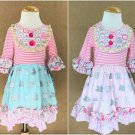 NEW Girls Boutique Pink Striped Apple Blue Sheep Ruffle Blue Dress 5-6 7-8