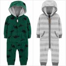 NWT Carters Baby Boys Dinosaur Gray Striped Hooded Fleece Romper Jumpsuit