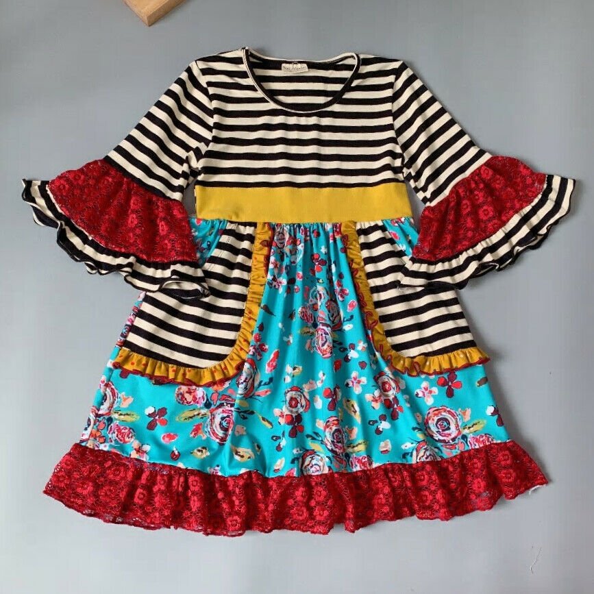 NEW Girls Boutique Turquoise Striped Floral Short Sleeve Ruffle Dress