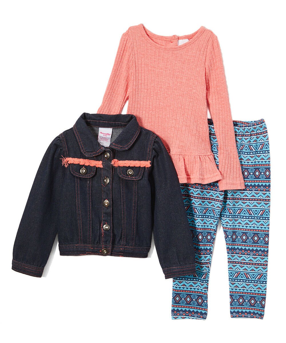 NWT Nannette Blue Jean Jacket Coral Long Sleeve Shirt Leggings Girls Outfit Set