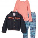 NWT Nannette Blue Jean Jacket Coral Long Sleeve Shirt Leggings Girls Outfit Set