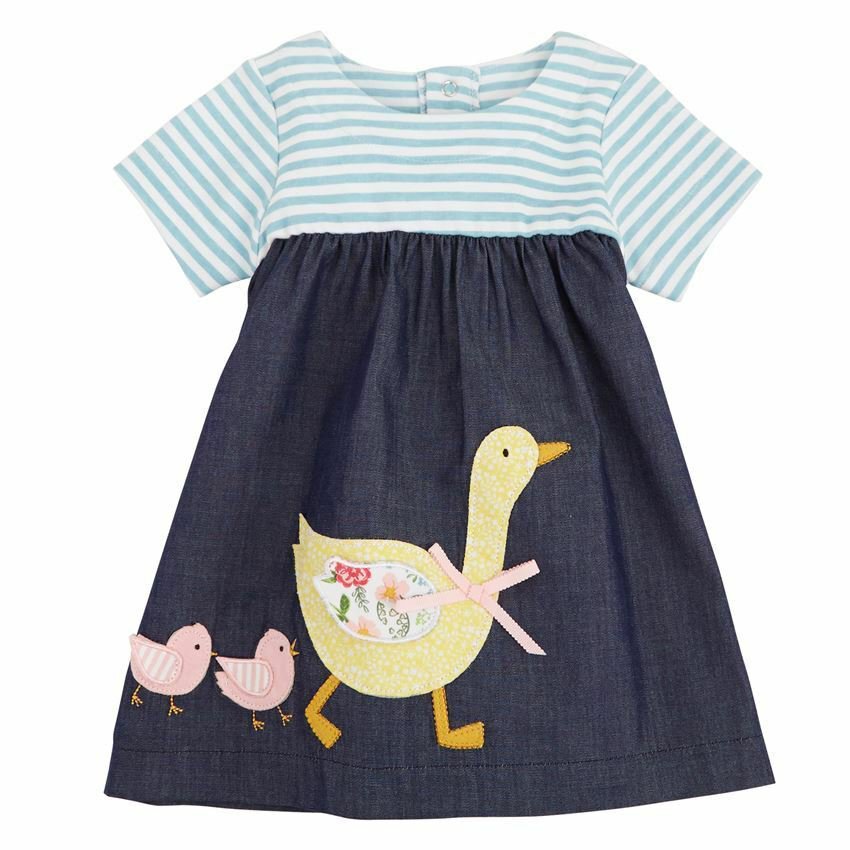 NWT Mud Pie Goose Applique Baby Girls Blue Short Sleeve Chambray Dress Easter