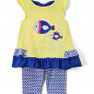 NWT Nannette Fish Baby Girls Yellow Ruffle Tunic Top Blue Leggings Outfit Set