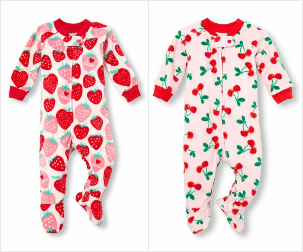 NWT The Childrens Place Strawberry Cherry Girls Footed Fleece Sleeper Pajamas