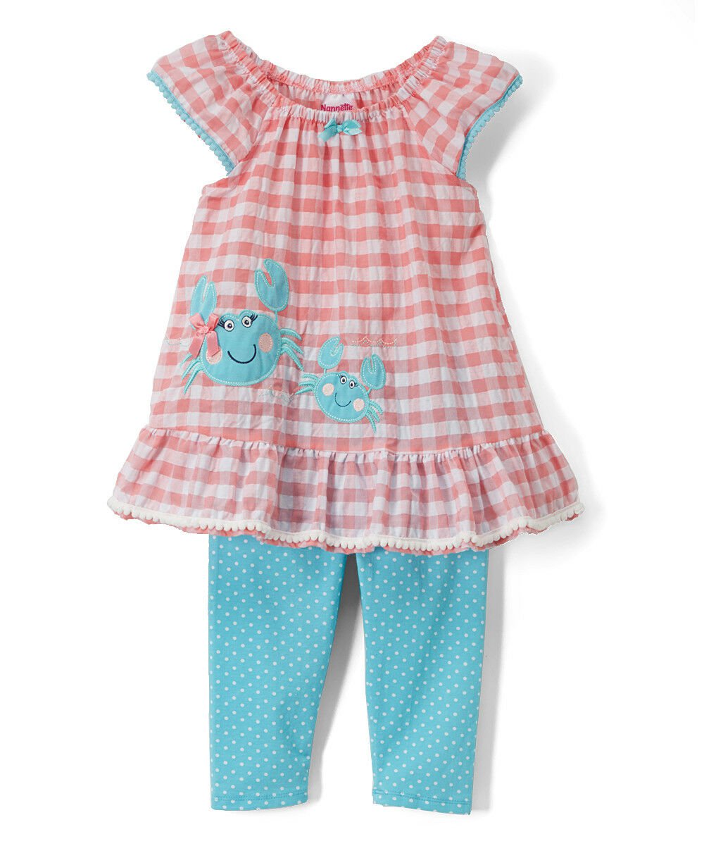 NWT Nannette Crab Pink Ruffle Seersucker Plaid Tunic Blue Leggings Outfit Set