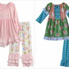 NEW Boutique Girls Pink Green Long Sleeve Ruffle Tunic Dress Leggings Outfit
