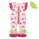NEW Boutique Baby Girls Pink Floral Ruffle Romper Jumpsuit Headband Outfit Set