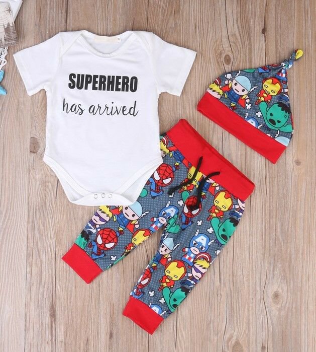 NWT Super Hero has Arrived Baby Boys Shirt Pants & Hat Outfit Set