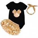 NEW Minnie Mouse Baby Girls Black Shirt Gold Ruffle Bloomers Headband Outfit
