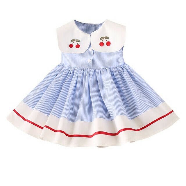 NWT Girls Blue Striped Cherry Peter Pan Collar Sleeveless Dress 2T 3T 4T 5T 6