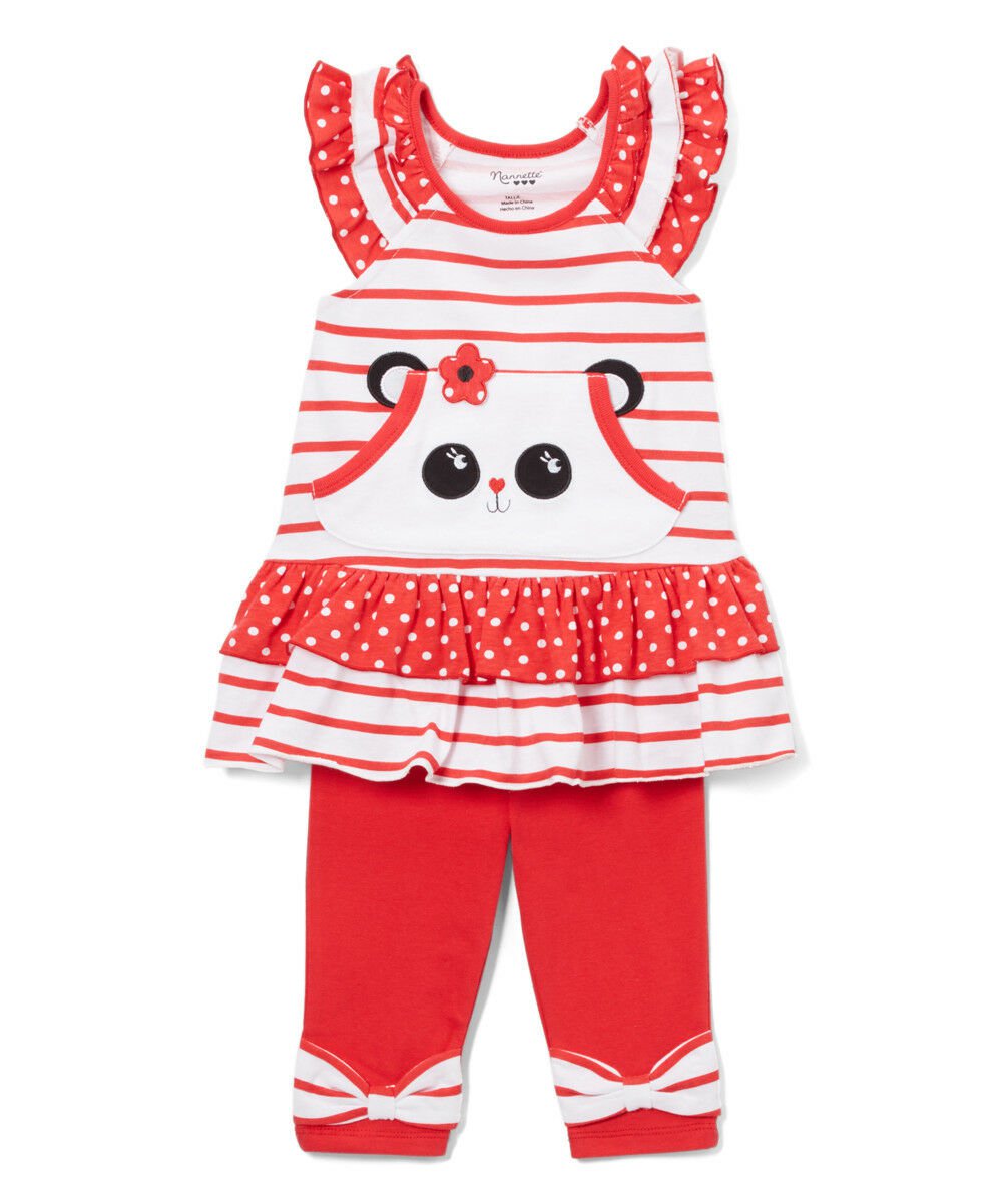NWT Nannette Panda Red Striped Tunic & Leggings Girls Outfit Set 2T 3T 4T 5 6