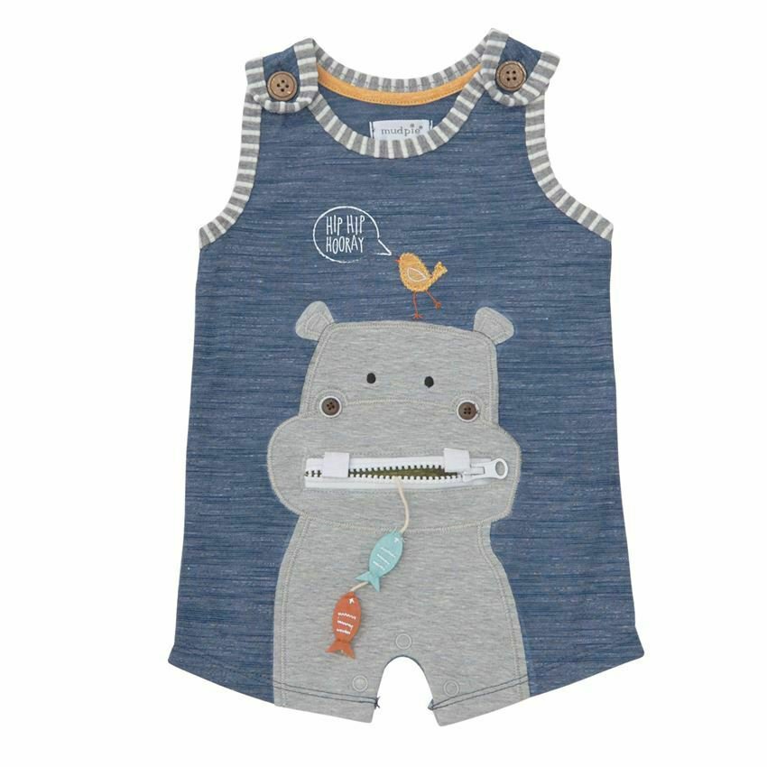 NWT Mud Pie Hippo Zipper Mouth Baby Boys Short Sleeve Romper Jumpsuit Shortall