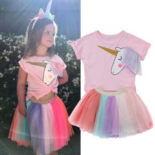 NEW Unicorn Girls Short Sleeve Shirt Rainbow Tutu Skirt Outfit 2T 3T 4T 5T