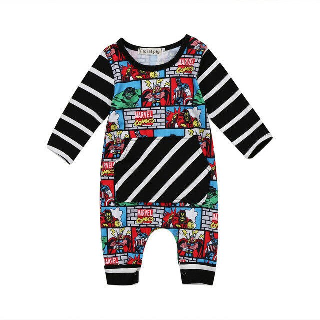 NWT Avengers Comic Strip Baby Boys Black Long Sleeve Romper Jumpsuit Outfit
