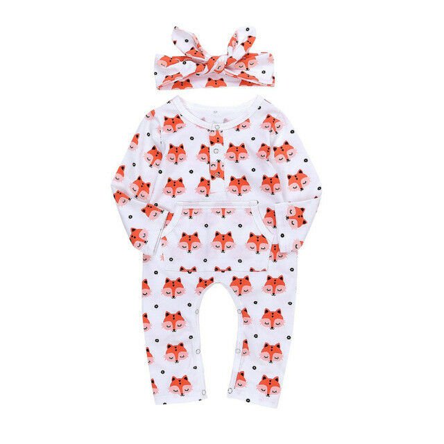 NWT Baby Girls Fox White Long Sleeve Romper Jumpsuit Headband Outfit Set