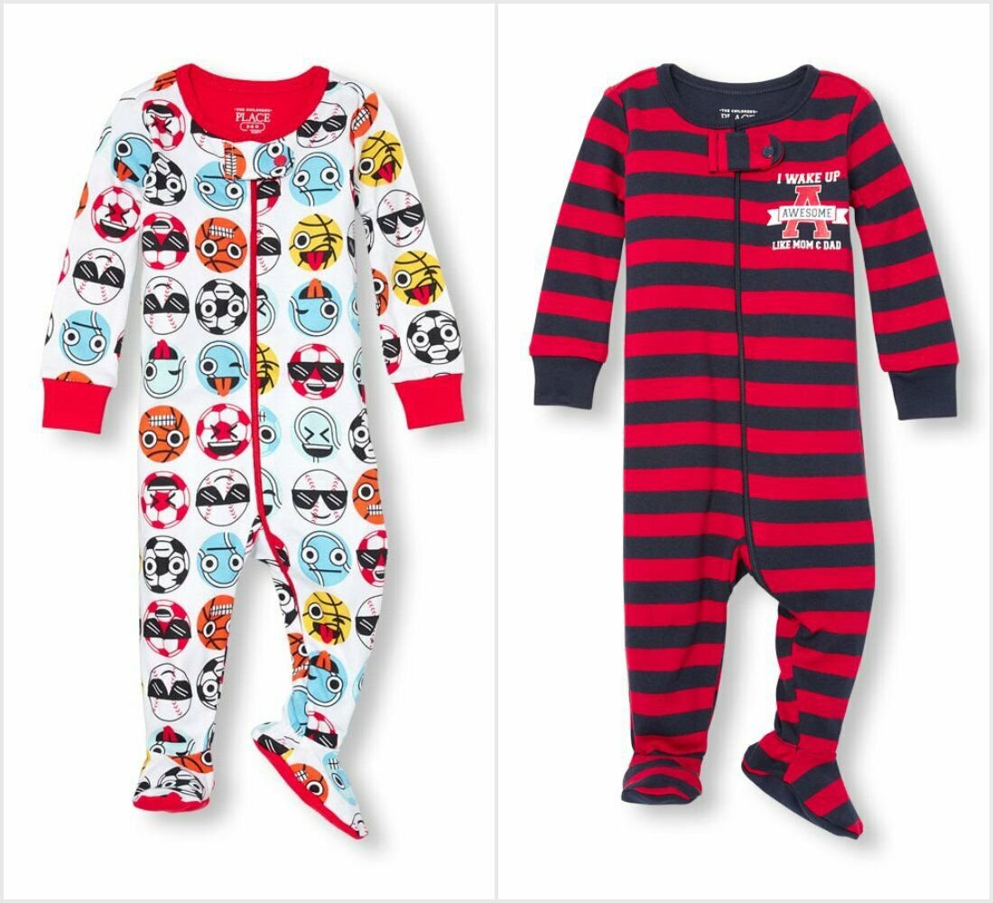 NWT The Childrens Place Emoji Sports Striped Footed Stretchie Pajamas Sleeper