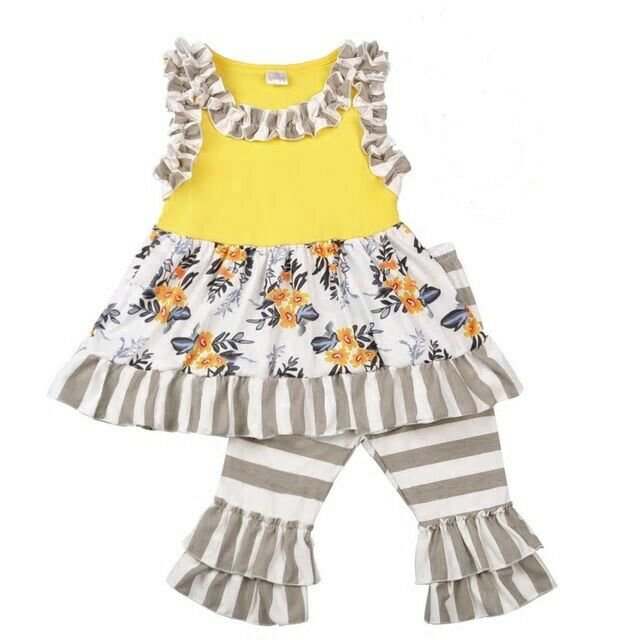 NEW Boutique Girls Yellow Floral Ruffle Tunic Dress Striped Leggings Outfit Set