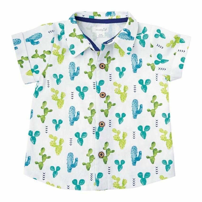 NWT Mud Pie Cactus White Boys Button Down Short Sleeve Shirt