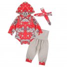 NWT Baby Girls Red Floral Hooded Bodysuit Pants Headband Outfit Set