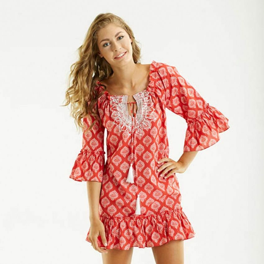 NWT Mud Pie Womens Hailey Ruffle Swim Cover Up Red Jaipur S M L