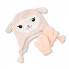 NWT The Childrens Place Girls Pink Llama Knitted Hat & Mittens Set