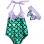 NWT Girls Mermaid Shimmer Green Swimsuit Bathing Suit Headband Outfit Set