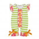 NEW Boutique Baby Girls Green Striped Ruffle Romper Jumpsuit Outfit Set