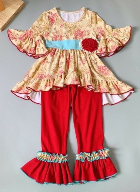 NEW Boutique Girls Floral Beige Tunic Dress Red Ruffle Leggings Outfit