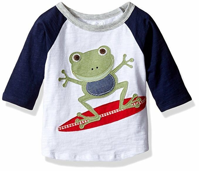 NWT Mud Pie Marco Polo Surfing Frog Boys Blue Raglan Shirt 2T/3T 4T/5T