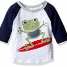 NWT Mud Pie Marco Polo Surfing Frog Boys Blue Raglan Shirt 2T/3T 4T/5T