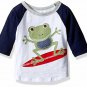 NWT Mud Pie Marco Polo Surfing Frog Boys Blue Raglan Shirt 2T/3T 4T/5T
