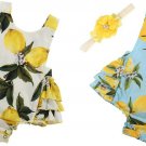 NWT Baby Girls Lemon Blue White Sleeveless Ruffle Romper & Headband Outfit Set