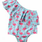 NEW Girls Blue Flamingo Ruffle One Shoulder Swimsuit Bathing Suit 2T 3T 4T 5T