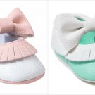 NEW Romirus Baby Girls White Pink Leather Bow Tassel Fringe Moccasin Crib Shoes