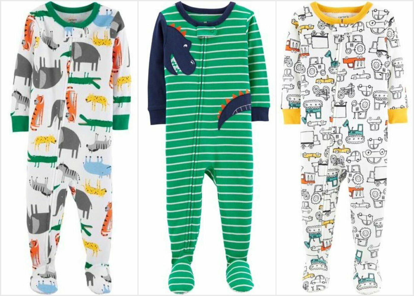 NWT Carters Jungle Animals Vehicles Dinosaur Boys Footed Cotton Pajamas Sleeper