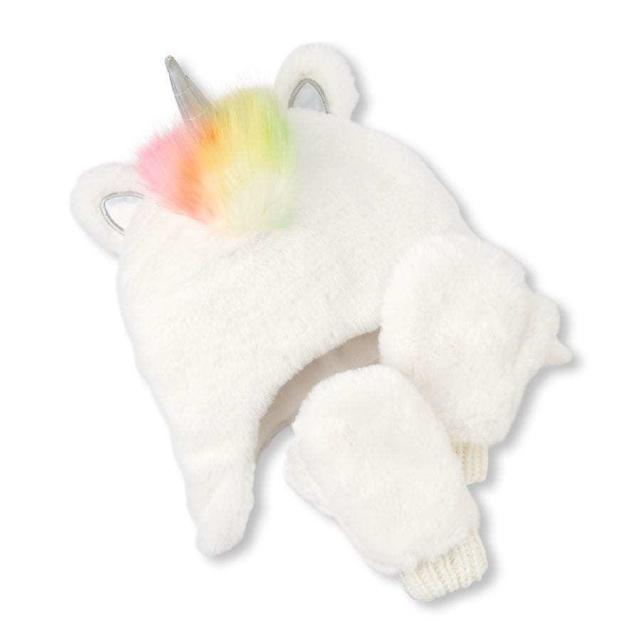 NWT The Childrens Place Girls Rainbow Unicorn Faux Fur Fleece Hat & Mittens Set