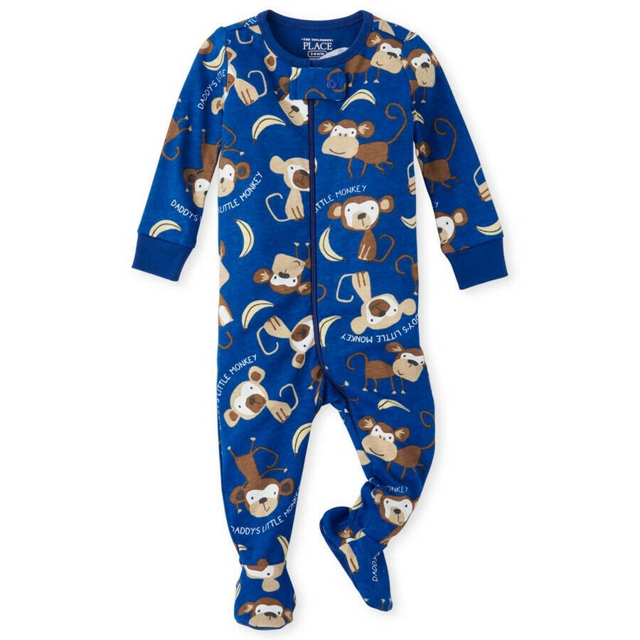 NWT The Childrens Place Boys Monkey Blue Footed Stretchie Pajamas Sleeper