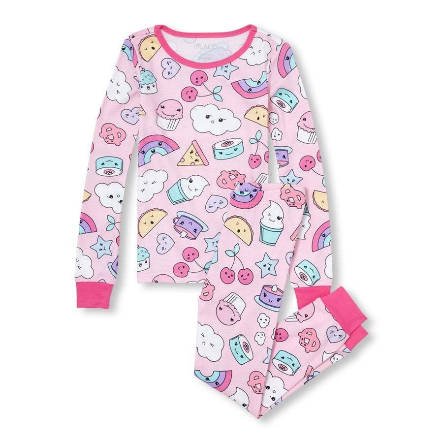 NWT The Childrens Place Doodle Emoji Pink Girl Long Sleeve Cotton Pajamas Set