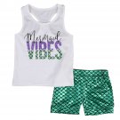 NEW Mermaid Vibes Girls White Tank Top Green Shimmer Shorts Outfit 2T 3T 4T 5T
