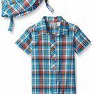 NWT The Childrens Place Boys Blue Plaid Romper & Hat Outfit Set 3-6 6-9 M