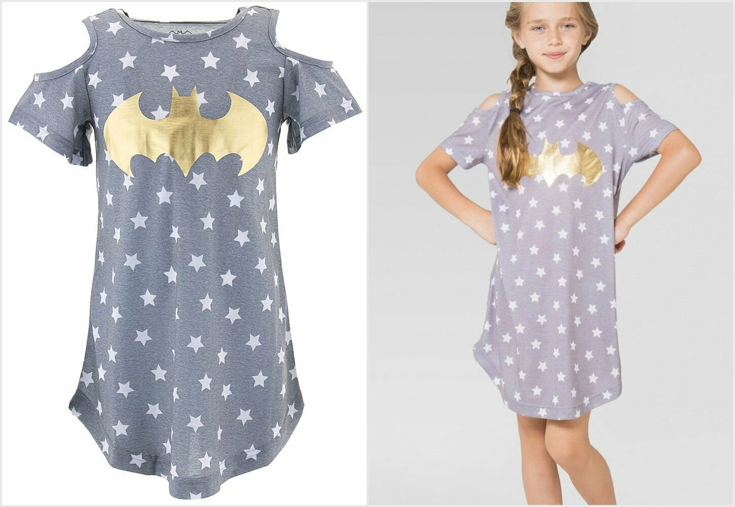 NWT DC Comics Batgirl Batman Gray Cold Shoulder Nightgown Pajamas