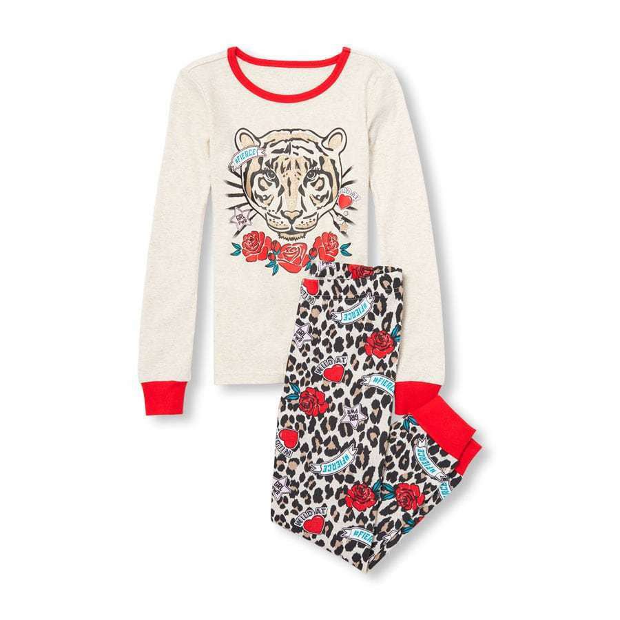 NWT The Childrens Place Glitter Tiger Girl Long Sleeve Pajamas Set 8 10 12 14 16