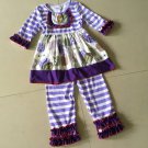 NEW Boutique Girls Purple Striped Floral Ruffle Tunic Dress Leggings Outfit Set