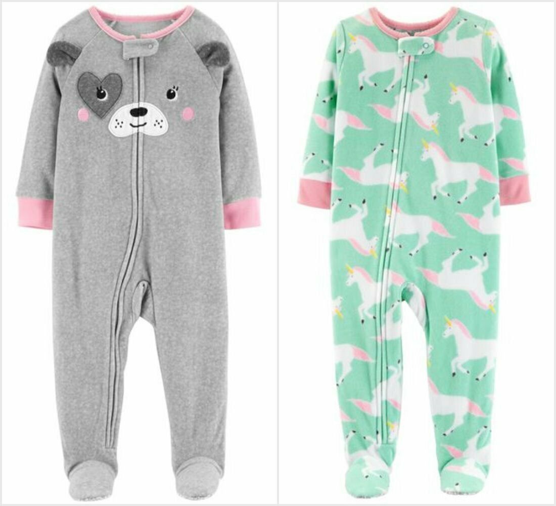 NWT Carters Unicorn Puppy Dog Toddler Girls Gray Footed Fleece Pajamas Sleeper