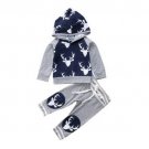 NWT Baby Boys Reindeer Blue Gray Hoodie Hooded Shirt & Pants Sweat Suit Outfit
